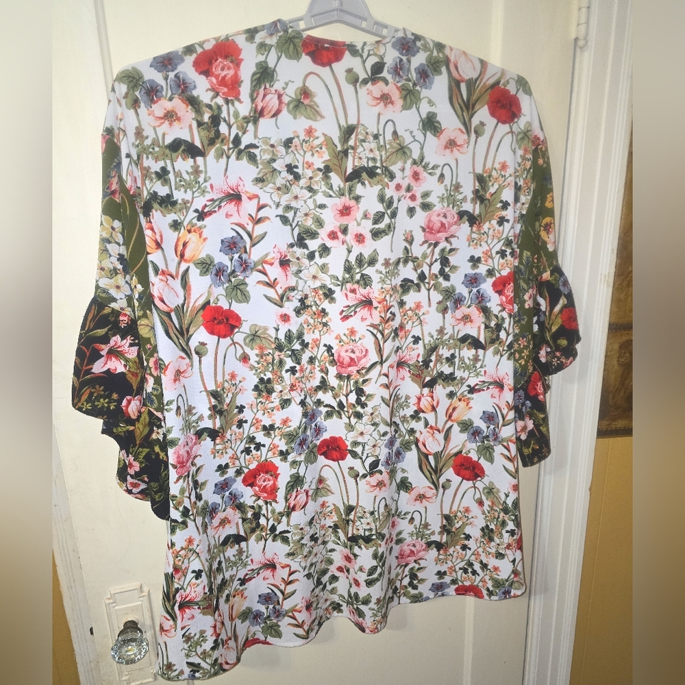 Umgee Floral Ruffle Sleeve  Long Duster Kimono Open Front  Multi-Color  Size M/L - Picture 9 of 12